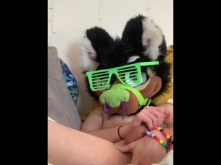 Furry Fucks himself with Dildo while Masturbating with a Toy Pussy.