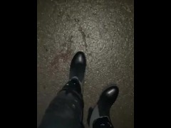 Smoking Crossdresser at public truck stop in latex leggings & heels