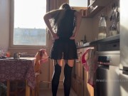 Preview 3 of Sunny morning and she is making coffee in stokings and hills. Voyeurism.