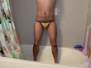 Pissing in Bathtub In morning Jockstrap Yellow