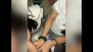 Two Schoolgirl Friends Sucking Cock At School Hidden In The Janitor's Room #1