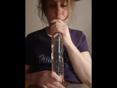 DADDY'S SLUT w/ big tits GAGS on HUGE dildo in ROUGH SLOPPY BLOWJOB! am I a good girl now?