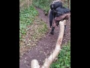 Preview 2 of MILF in fishnets,gets horny in public,sneaks in woods to rub pussy and cum