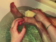Preview 1 of Man washes another guy's feet and ass in the bath, fingering, handjob. POV video