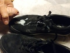 Big dick stains black Vans with nice load of cum