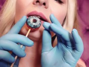 Preview 1 of ASMR: blue nitrile gloves and candy sucking, wearing pink PVC coat, girl in braces (Arya Grander)