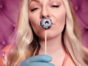Preview 2 of ASMR: blue nitrile gloves and candy sucking, wearing pink PVC coat, girl in braces (Arya Grander)
