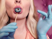 Preview 3 of ASMR: blue nitrile gloves and candy sucking, wearing pink PVC coat, girl in braces (Arya Grander)