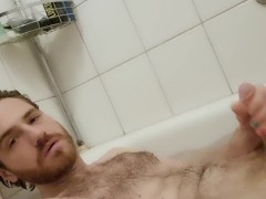 Hairy handsome German jerking in bathtub