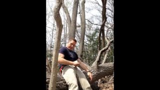 Wanking in the woods, jerking-off outside, jerking off on a log, stroking my cock showing cumshot