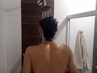 handjob, solo male, latina, en la ducha