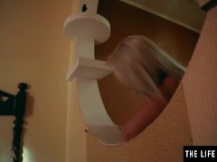 Stunning blonde sets a romantic atmosphere for her masturbation
