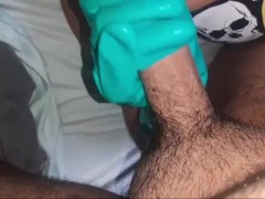 Fetishwife does blowjob in rubber gloves & quickly handjob in latex gloves until big cumshot!