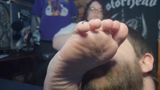 BBW ignores Foot Worship. Texts While Foot Slave Kisses and Licks Chubby Feet