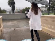 Preview 1 of Relaxing girl rain walking with pussy and tits showing in public