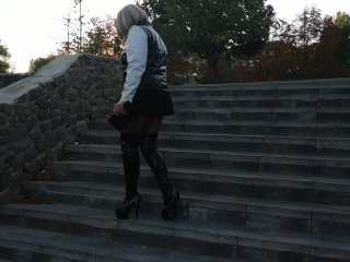 Mistress NatalieIn High-heeled Black Patent-leather Boots Outside_in the_Park