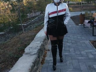 Mistress Natalie in High-heeled Black Patent-leather Boots_Outside in thePark