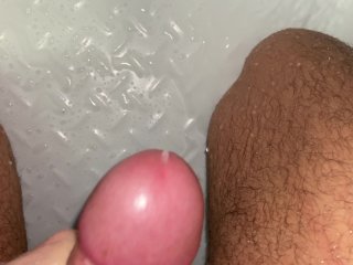 CUM bi guy with thick cock and thick thighs rubbing a quick one out in the shower running water