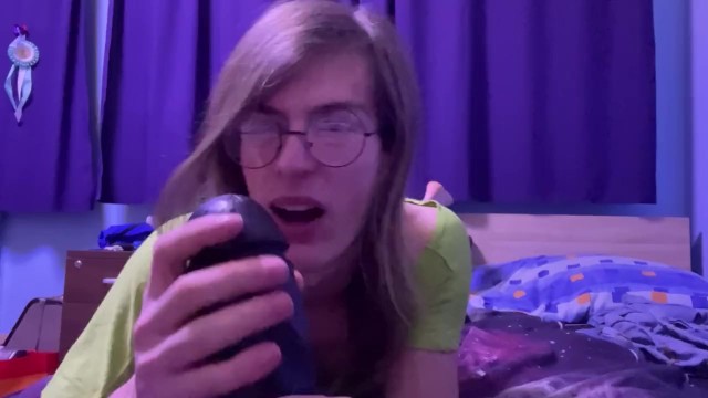 Cute Femboy Sucking and Stroking Huge Dildos