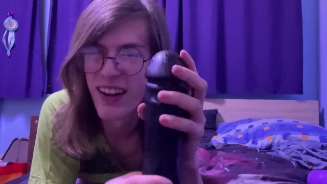 Cute Femboy Sucking and Stroking Huge Dildos