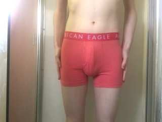 College Twink Pissing in Pink Trunks and Getting Hard