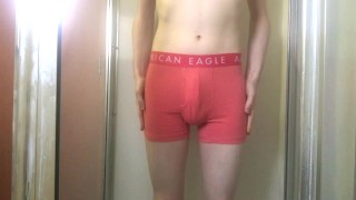College Twink Pissing in Pink Trunks and Getting Hard