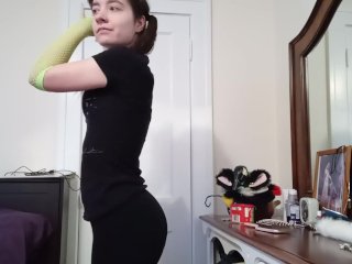 CatGirl Gets Dressed in_Tight Black Leggings Which_Hug Huge Ass