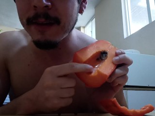 Handsome Guy Fucks a Papaya, Cums inside and Eats it