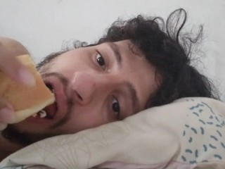 Guy Stuff himself w Hot Dogs Laid in Hia BED, Relaxing