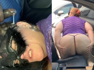 shaved pussy, pov, big natural tits, car sex