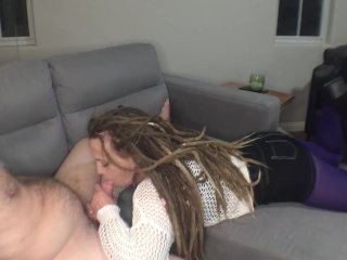 Cute blonde in short skirt and purple tights sucks me off