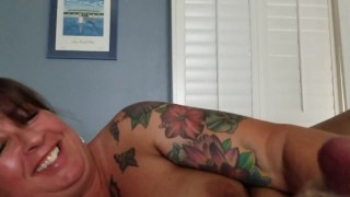 Chubby Sexy And Tattooed Milf Receives A Quick Cumshot Surprise