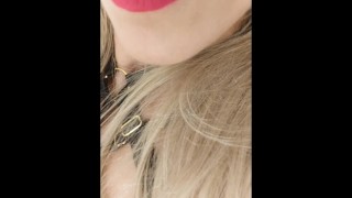 Mouth tongue fetish during masturbation.  Lady Blonde in sexy harness and lipstick