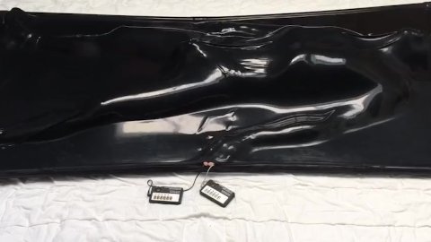 Boy in trouble. Plays with electro chastity in vacbed. Vaccleaner starts. No escape, then cums