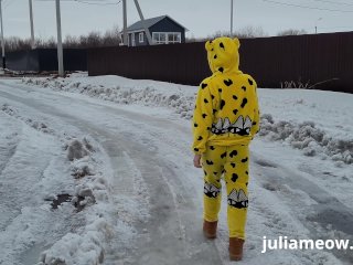Girl in pajamas shows boobs on the street