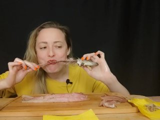 blonde, exclusive, russian speech, eating