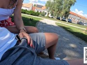 Preview 2 of Sexy brunette gave real risky public handjob in middle of city park!