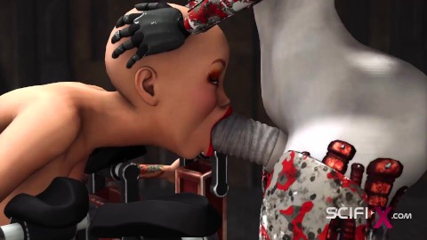 A hot bald young hottie gets fucked by a sex cyborg in the dungeon