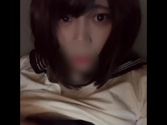 Japanese school girl femboy is fapping.