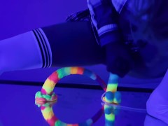 Cute guy in school girl outfit sits on two monster cocks and cums all over the place