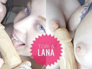 Two naked Step Sisters Suck Dildo Together
