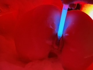 Blue Neon Enters her Pussy, Engulfing her in Red Flames.