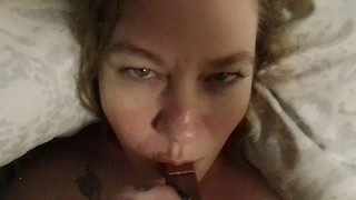 BELLY CUMSHOT, for cute BBW while eating chocolate