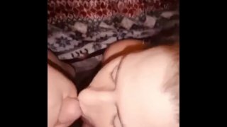 Milf licking and sucking cock and balls - gets cum in mouth