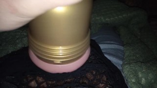 Jerking cock with Flesh Light through fishnets 🔥