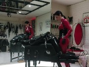 Preview 2 of Progressive Anal Training for Rubber Slave - Lady Bellatrix with her strap-on in catsuit (teaser)