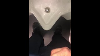 Public washroom masturbation and cum at the urinal