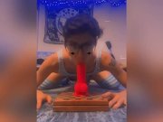 Preview 2 of Cute femboy sucking, fucking, and cumming on a pink dildo