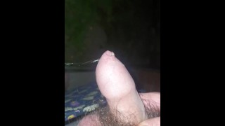 Uncut hairy boy pee in backyard