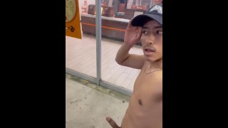 College jock goes to pizza hut fully nude and barefoot